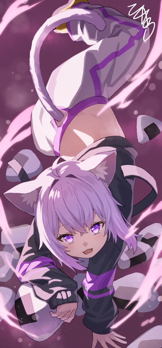 1girl :3 :d ahoge animal_ear_fluff animal_ears arm_rest back baggy_pants black_hoodie blush cat_ears cat_girl cat_tail clothing_cutout commentary_request cropped_hoodie crossed_bangs dot_nose double-parted_bangs food from_above hand_rest highres hololive hood hoodie invisible_floor long_sleeves looking_at_viewer nekomata_okayu nekomata_okayu_(1st_costume) onigiri open_mouth pants purple_background purple_eyes purple_hair shoes short_hair signature simple_background smile sneakers solo sweatpants tail tail_through_clothes tokumaro upside-down virtual_youtuber white_pants yellow_footwear