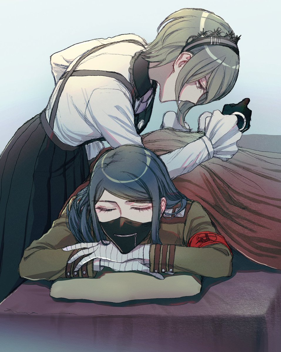 1boy 1girl armband black_gloves blanket collared_shirt danganronpa_(series) danganronpa_v3:_killing_harmony dress from_side gloves green_jacket grey_background hair_over_one_eye highres jacket katahaba_(wawawa_wa_haha) long_hair long_sleeves lying maid mask massage mouth_mask necktie on_stomach red_armband shinguji_korekiyo shirt short_hair tojo_kirumi white_shirt