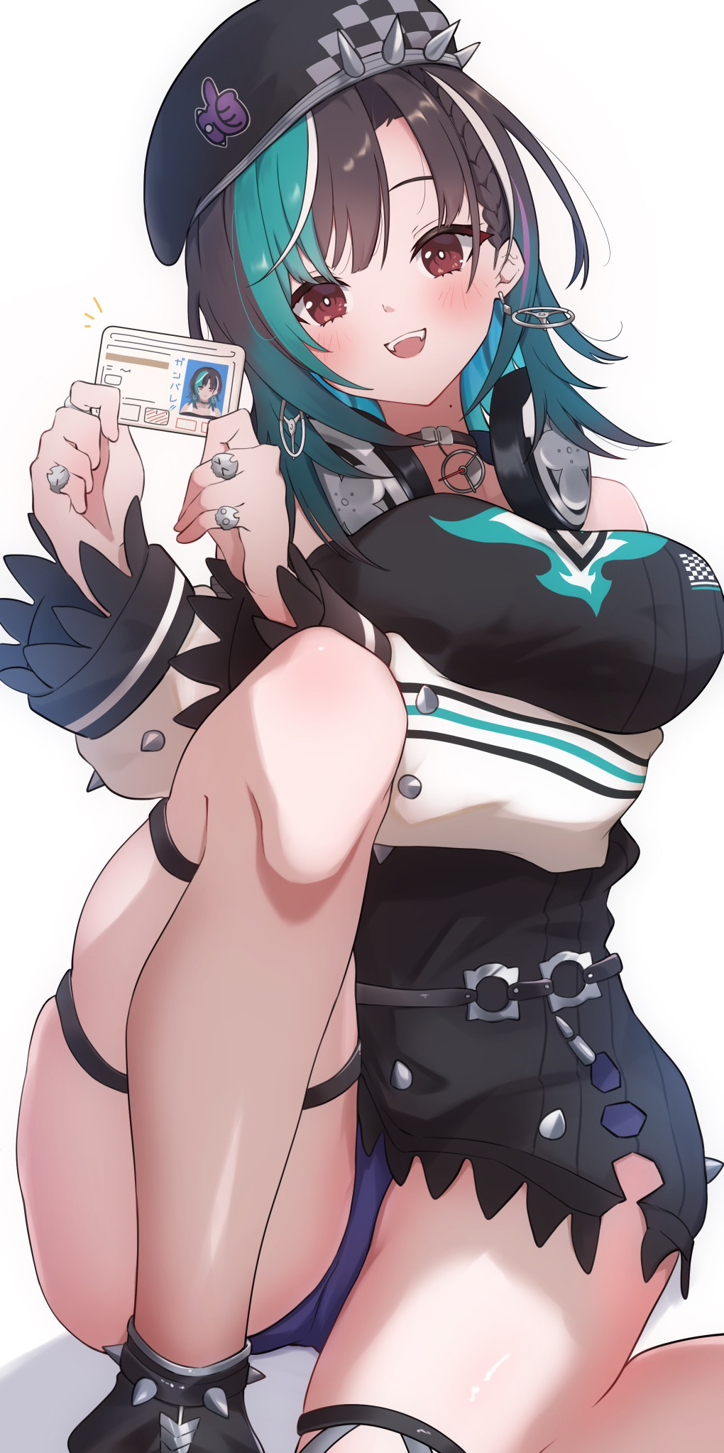 1girl aqua_hair belt beret black_belt black_choker black_dress black_hair black_hat breasts choker colored_inner_hair dress earrings hat headphones headphones_around_neck highres holding_id_card hololive hololive_dev_is jewelry looking_at_viewer medium_breasts multicolored_hair open_mouth purple_shorts rindo_chihaya ring short_hair shorts smile solo streaked_hair teeth thick_thighs thigh_strap thighs upper_teeth_only virtual_youtuber white_background white_hair yuki_guni_(yukiworld_ww)