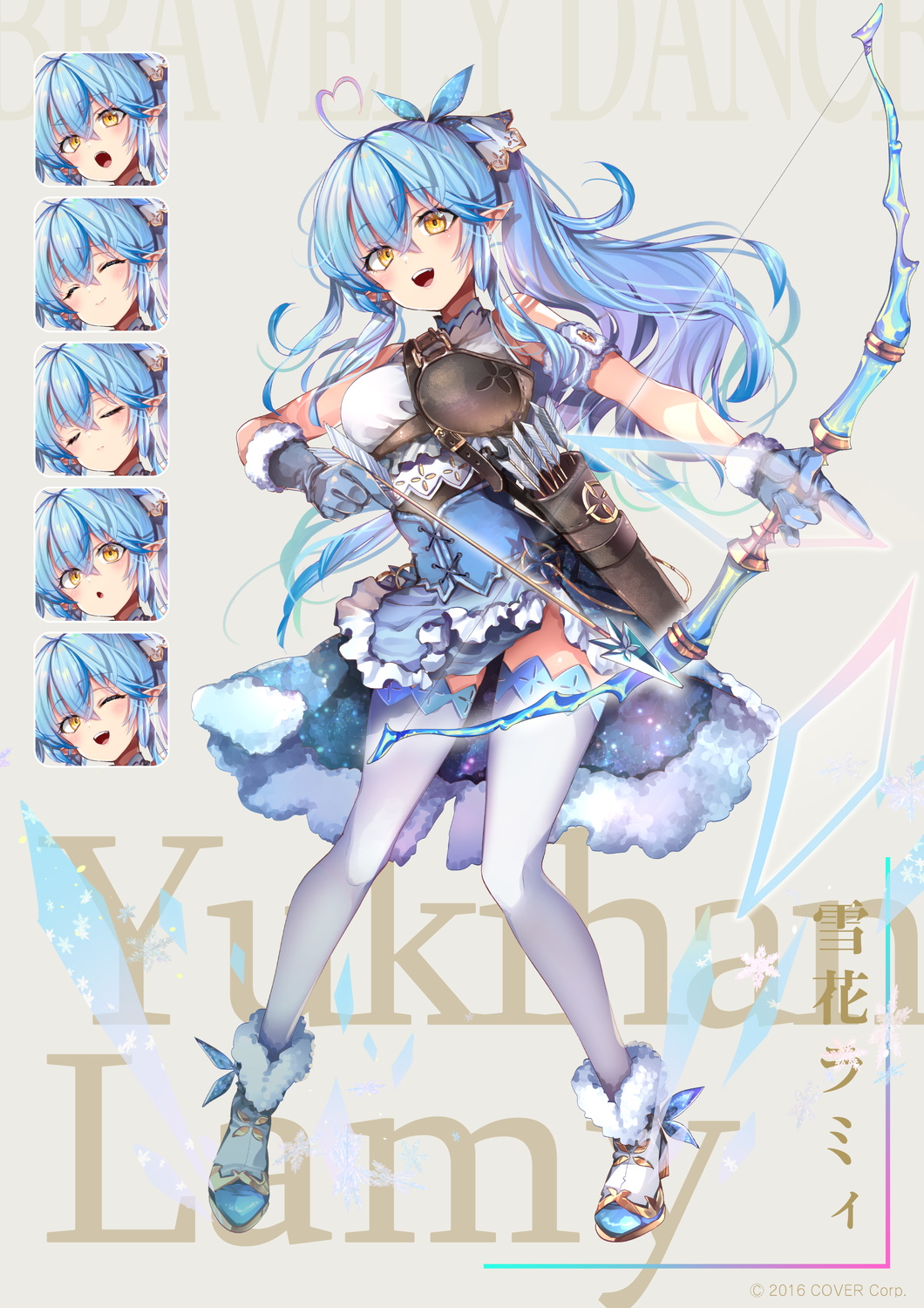 1girl :d adapted_costume ahoge arrow_(projectile) blue_corset blue_gloves blue_hair blue_skirt boots bow_(weapon) character_name commentary copyright_notice corset crossed_bangs double-parted_bangs elf expressions fur-trimmed_boots fur-trimmed_gloves fur-trimmed_skirt fur_trim gloves hair_between_eyes hair_ribbon heart heart_ahoge high_heel_boots high_heels high_ponytail highres holding holding_bow_(weapon) holding_weapon hololive kamizuki_shiki long_hair looking_at_viewer multicolored_hair official_art open_mouth pleated_skirt pointy_ears quiver ribbon shirt sidelocks skirt sleeveless sleeveless_shirt smile streaked_hair symbol-only_commentary teeth thighhighs upper_teeth_only virtual_youtuber weapon white_footwear white_shirt white_thighhighs yellow_eyes yukihana_lamy yukihana_lamy_(1st_costume)