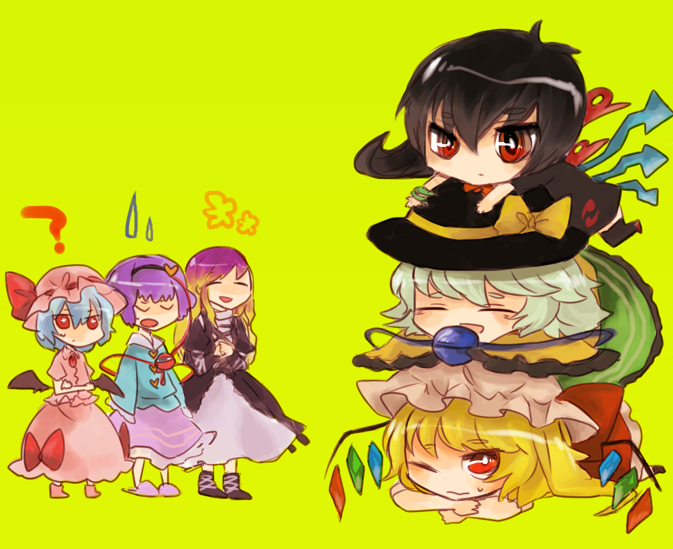 6+girls ? asymmetrical_wings bad_id bad_pixiv_id bat_wings black_hair black_thighhighs blonde_hair chibi dogpile dress female_focus flandre_scarlet gradient_hair green_hair hat hijiri_byakuren houjuu_nue komeiji_koishi komeiji_satori long_hair mizuoka mizuoka_magu multicolored_hair multiple_girls purple_hair red_eyes remilia_scarlet short_hair simple_background sun_hat sweatdrop thighhighs touhou wings yellow_background