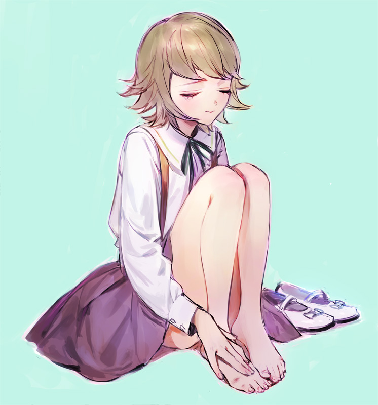 1boy aqua_background bare_legs barefoot bow brown_hair brown_skirt buttons closed_eyes closed_mouth collared_shirt commentary_request crossdressing danganronpa:_trigger_happy_havoc danganronpa_(series) dress_shirt eyelashes fingernails footwear_bow frown fujisaki_chihiro full_body green_ribbon hand_on_own_foot knees_up light_blush long_sleeves male_focus mary_janes miniskirt naoko_(artist) neck_ribbon outline pleated_skirt ribbon shirt shoes short_hair simple_background sitting skirt solo suspender_skirt suspenders toenails trap unworn_footwear unworn_shoes wavy_hair white_bow white_footwear white_outline white_shirt