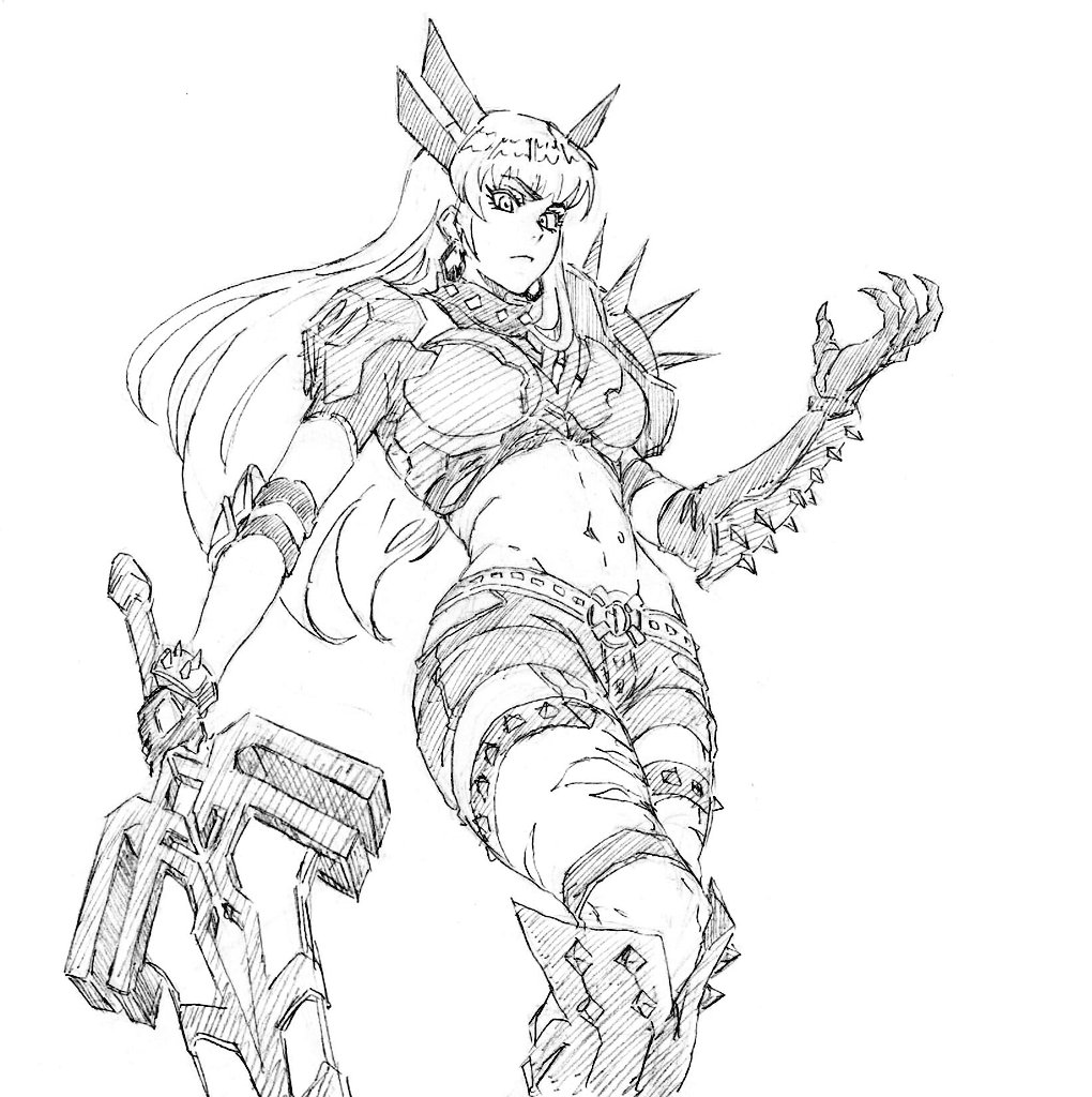 1girl animification breasts cleavage cleavage_cutout clothing_cutout crop_top gloves holding holding_sword holding_weapon huge_weapon illyana_rasputina long_hair looking_at_viewer magik_(x-men) marvel marvel_rivals midriff monochrome navel rakusakugk short_shorts shorts solo sword thighhighs weapon x-men