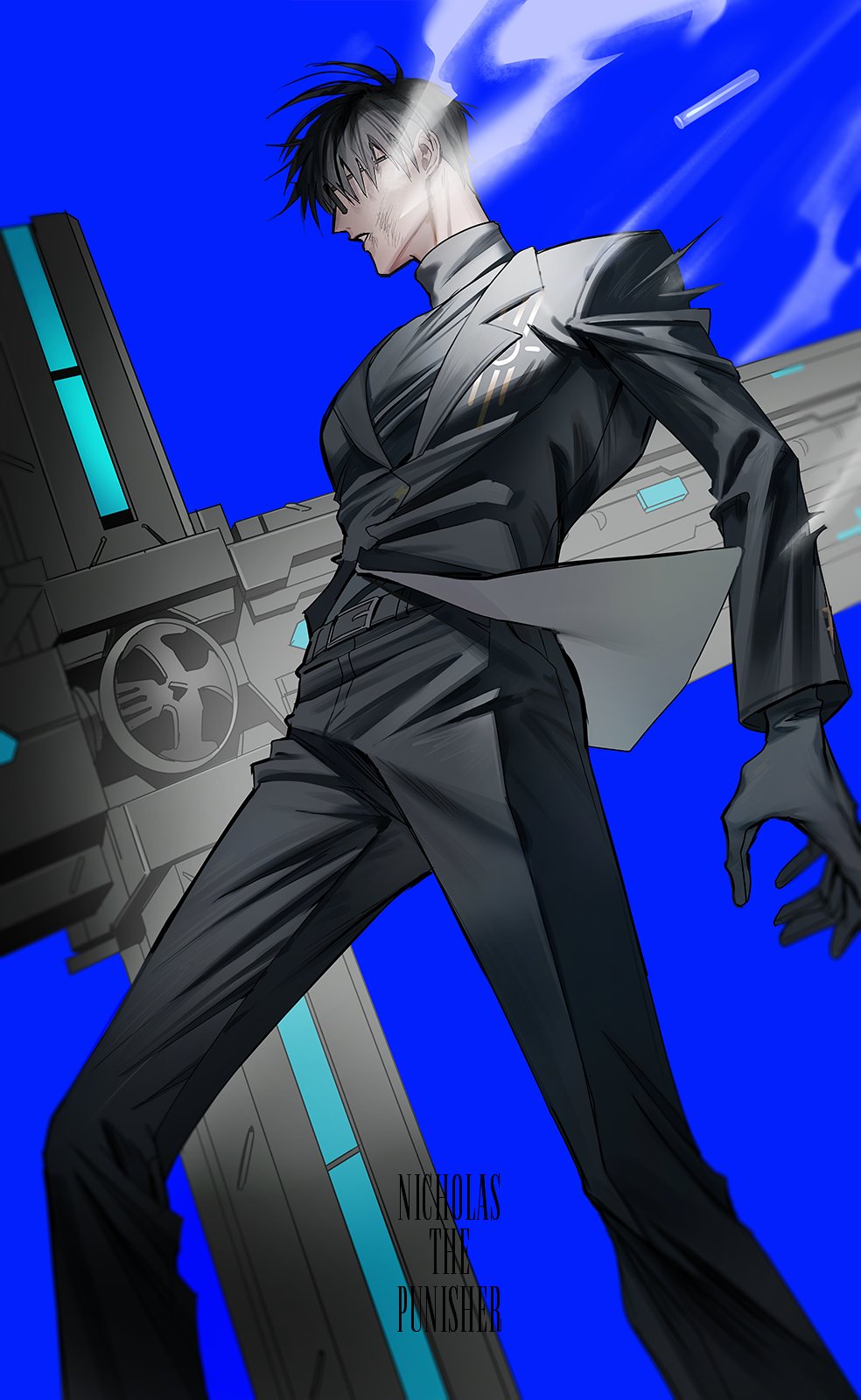 1boy belt black_belt black_hair black_jacket black_pants black_shirt black_suit blue_background bruise bruise_on_face character_name commentary english_commentary feet_out_of_frame formal highres holding holding_weapon injury jacket lapels male_focus nicholas_d._wolfwood pants parted_lips ppp_gemu profile shirt simple_background sky smoke solo suit suit_jacket sunglasses torn_clothes torn_jacket trigun trigun_stampede turtleneck weapon