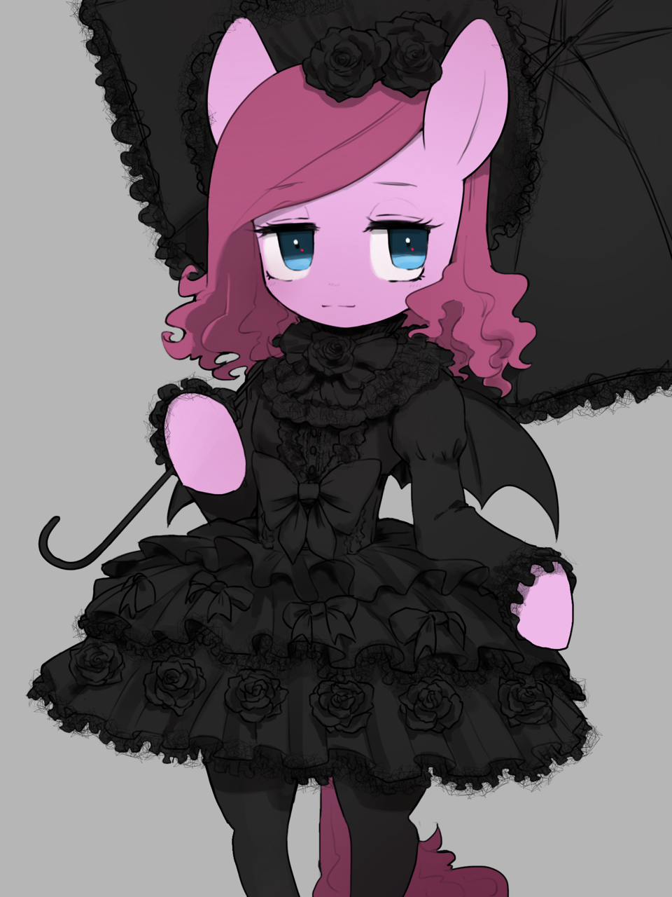 1girl 30clock alternate_costume animal_ears animal_focus bat_wings black_bow black_dress black_flower black_hat black_pantyhose black_umbrella black_wings blue_eyes bow center_frills closed_mouth collared_dress commentary cowboy_shot dress dress_flower english_commentary expressionless flower frilled_dress frills from_side front_bow gothic_lolita grey_background hair_flower hair_ornament hat highres holding holding_umbrella horse_ears horse_girl horse_tail jitome layered_dress lolita_fashion long_hair long_sleeves my_little_pony my_little_pony:_friendship_is_magic neck_flower pantyhose personification pink_hair pink_tail pinkie_pie simple_background solo swept_bangs tail umbrella wings