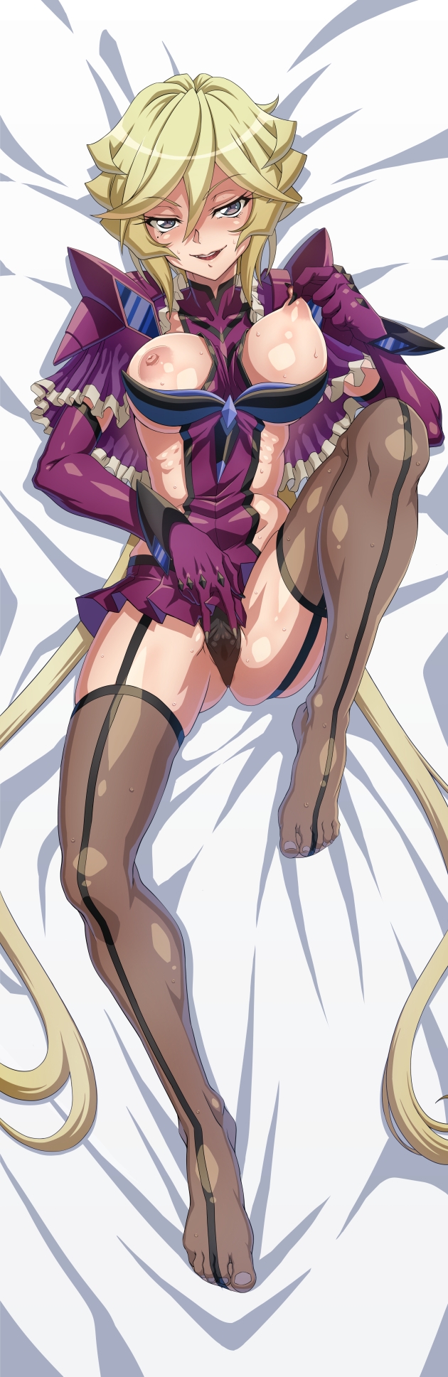 1girl aged_up bed_sheet blonde_hair blue_eyes breasts breasts_out carol_malus_dienheim clothing_cutout elbow_gloves feet garter_straps gloves highres large_breasts leotard long_hair looking_at_viewer lying mole mole_under_eye nipples on_back purple_gloves purple_leotard ribs senki_zesshou_symphogear shiny_skin side_cutout sideless_outfit skindentation smile solo spread_pussy_under_clothes sweat syunzou thighhighs toes