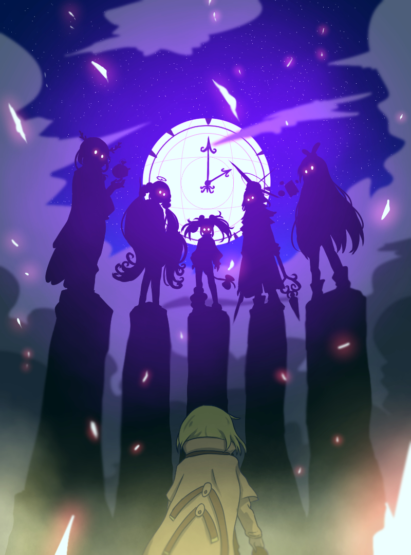 6+girls blonde_hair brown_capelet capelet ceres_fauna clock from_behind glowing glowing_eyes hakos_baelz halo holding holding_lance holding_polearm holding_weapon hololive hololive_english lance multiple_girls nanashi_mumei night night_sky ouro_kronii polearm purple_eyes silhouette sky tsukumo_sana twintails virtual_youtuber watson_amelia weapon yin_midnight