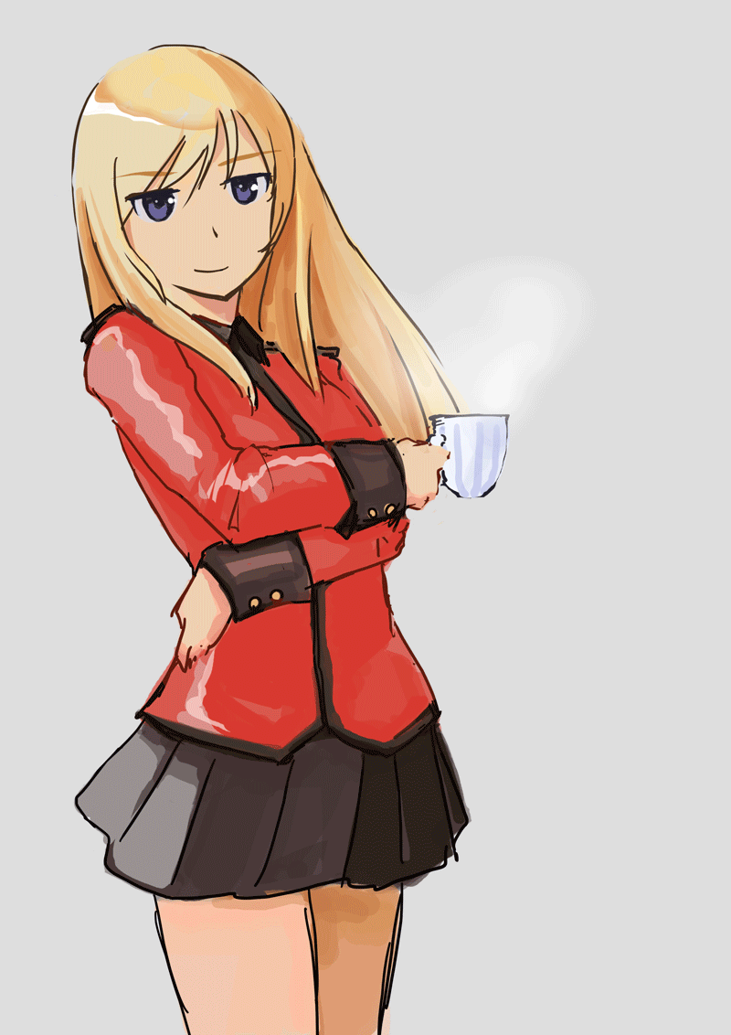 1girl black_skirt blonde_hair commentary_request crossed_arms cup earl_grey_(girls_und_panzer) girls_und_panzer grey_background holding holding_cup jacket kashiyuki long_hair red_jacket skirt smile st._gloriana&#039;s_military_uniform teacup