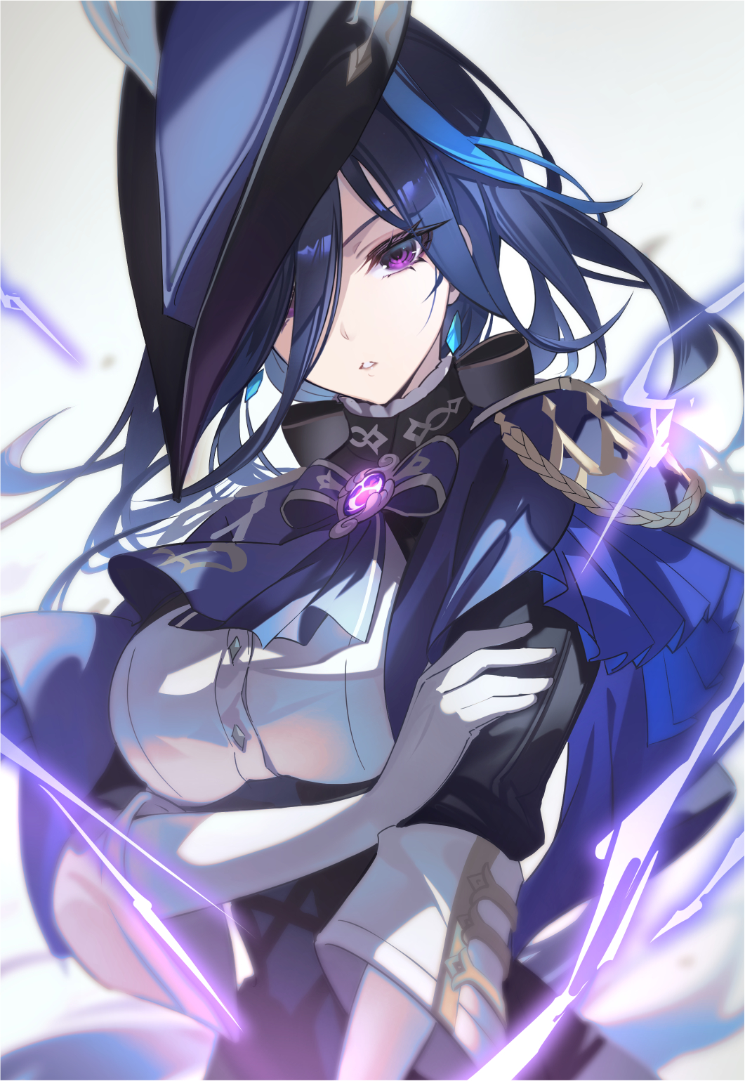 1girl ascot black_corset black_hair blue_cape blue_hair breasts cape clorinde_(genshin_impact) corset dark_blue_hair electro_symbol_(genshin_impact) fold-over_gloves framed_breasts genshin_impact gloves hat hat_feather highres jewelry large_breasts long_hair looking_at_viewer noir_eku pantyhose purple_ascot purple_eyes shirt solo tricorne very_long_hair white_gloves white_shirt