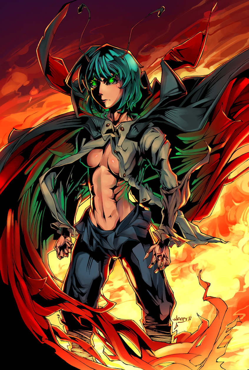 1girl abs antennae breasts cape female_focus fire fusion glowing glowing_eyes green_eyes green_hair highres matching_hair/eyes parody short_hair solo spawn_(comic) touhou underboob wriggle_nightbug wy_lee_(pixelnoodle)