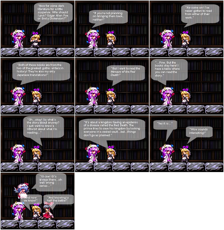 4girls comic edgar_allen_poe emily_dickinson female_focus game_sprite hakurei_reimu kirisame_marisa library masque_of_the_red_death megamari multiple_girls original patchouli_knowledge pixel_art remilia_scarlet touhou