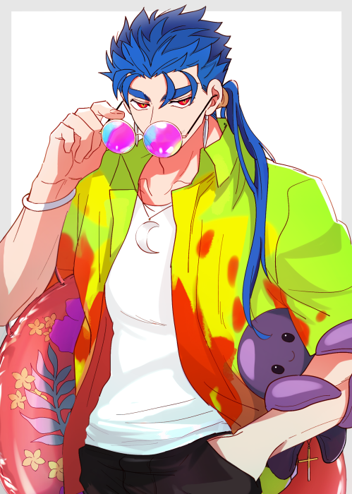 1boy blue_hair cu_chulainn_(fate) cu_chulainn_(fate/stay_night) earrings fate/stay_night fate_(series) hand_in_pocket innertube jewelry long_hair looking_at_viewer male_focus octopus official_alternate_costume open_clothes open_shirt ponytail red_eyes removing_eyewear simple_background solo spiked_hair sunglasses swim_ring yap_(dhgrail)