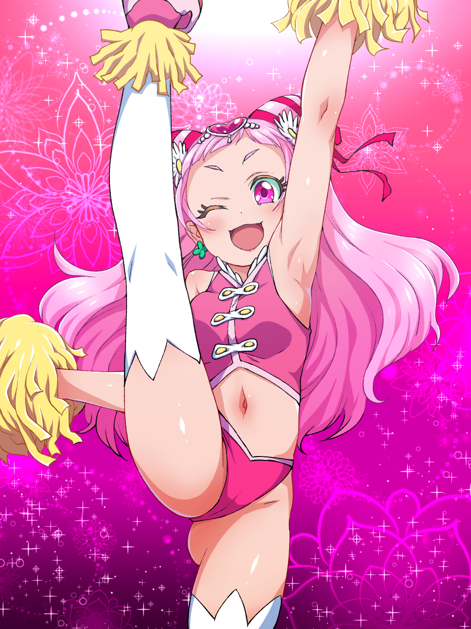 10s 1girl ;d arm_up armpits blush breasts cameltoe cheerleader cone_hair_bun cure_yell double_bun earrings female_focus floral_background flower forehead four-leaf_clover_earrings gem gluteal_fold gradient_background hair_bun hair_flower hair_ornament heart heart_hair_ornament highres holding hugtto!_precure jewelry konboi-eg leg_up looking_at_viewer navel nono_hana one_eye_closed open_mouth panties pink_background pink_eyes pink_footwear pink_hair pink_panties pom_pom_(cheerleading) precure shiny_skin sleeveless small_breasts smile solo split standing standing_on_one_leg standing_split thighhighs underwear white_flower white_thighhighs