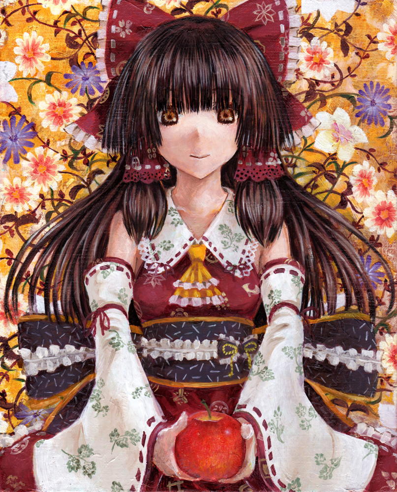 1girl apple ascot bow brown_eyes brown_hair collarbone detached_sleeves embellished_costume female_focus floral_background floral_print food fruit hair_bow hair_tubes hakurei_reimu kabaji large_bow ribbon-trimmed_sleeves ribbon_trim solo touhou upper_body