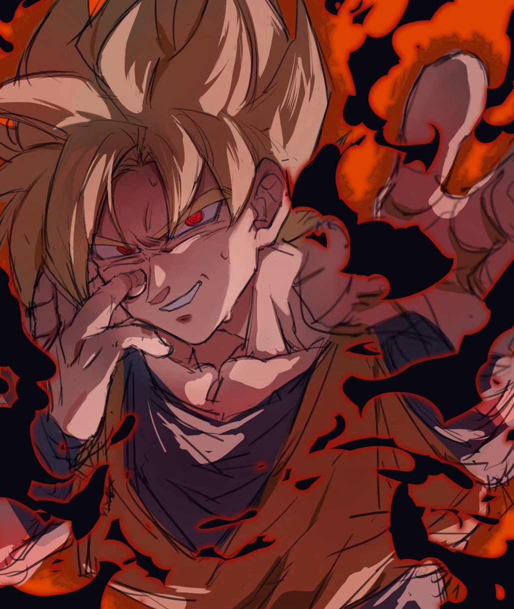 1boy alternate_eye_color aura blonde_hair commentary_request dark_aura dougi dragon_ball dragonball_z highres male_focus mind_control muscular muscular_male natume12izr nervous_smile reaching reaching_towards_viewer red_eyes sketch smile solo son_goku spiked_hair super_saiyan sweatdrop