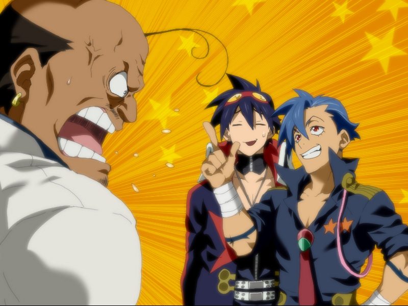 00s 3boys giha_village_chief kamina_(ttgl) male_focus multiple_boys simon_(ttgl) tengen_toppa_gurren_lagann time_paradox