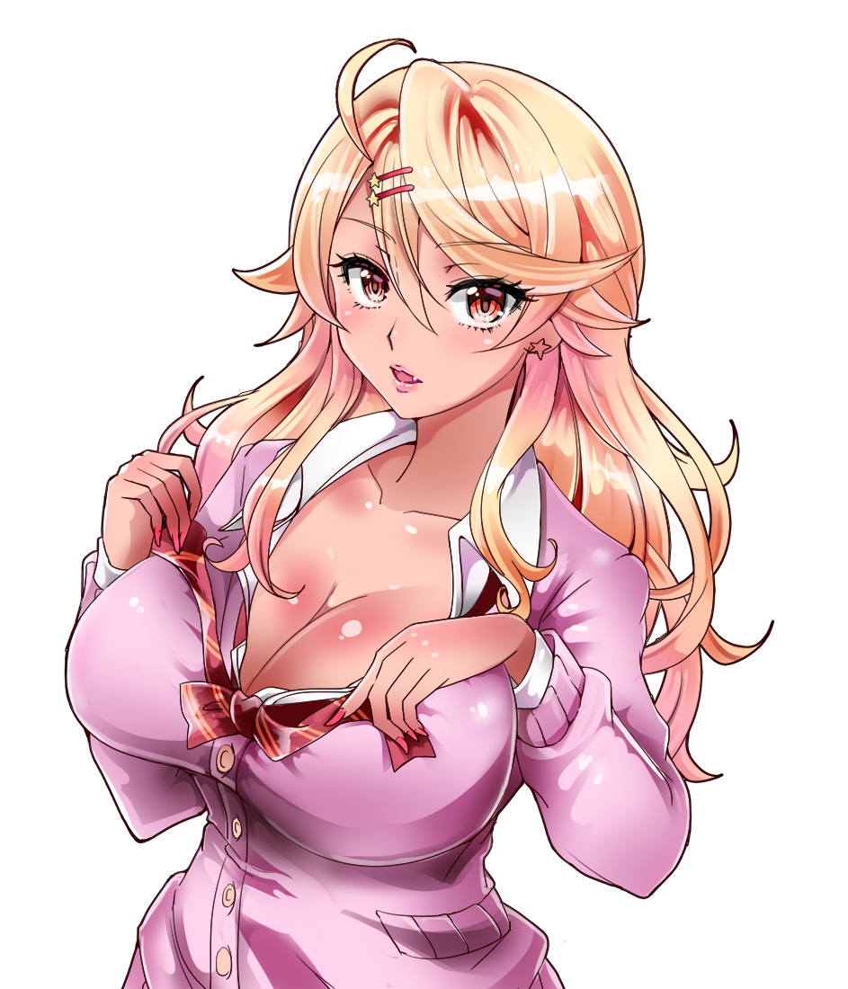 1girl artist_request blonde_hair breasts cleavage dark_skin gyaru large_breasts long_hair looking_at_viewer no_bra open_mouth ouga_saki school_uniform shiny_skin simple_background smile upper_body virtual_youtuber