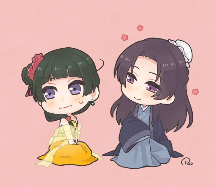 1boy 1girl bare_shoulders blunt_bangs blush bun_cover chibi chinese_clothes closed_mouth coat earrings embarrassed flower full_body green_hair hair_bun hair_flower hair_ornament hair_over_shoulder half_updo hanfu jewelry jinshi_(kusuriya_no_hitorigoto) kusuriya_no_hitorigoto long_hair long_sleeves looking_at_another looking_away low-tied_long_hair maomao_(kusuriya_no_hitorigoto) parted_bangs purple_eyes purple_hair red_background ruei_(chicking) sash see-through_clothes shawl side_bun simple_background single_hair_bun single_side_bun sitting sleeves_past_fingers sleeves_past_wrists smile strapless wide_sleeves zhijupao