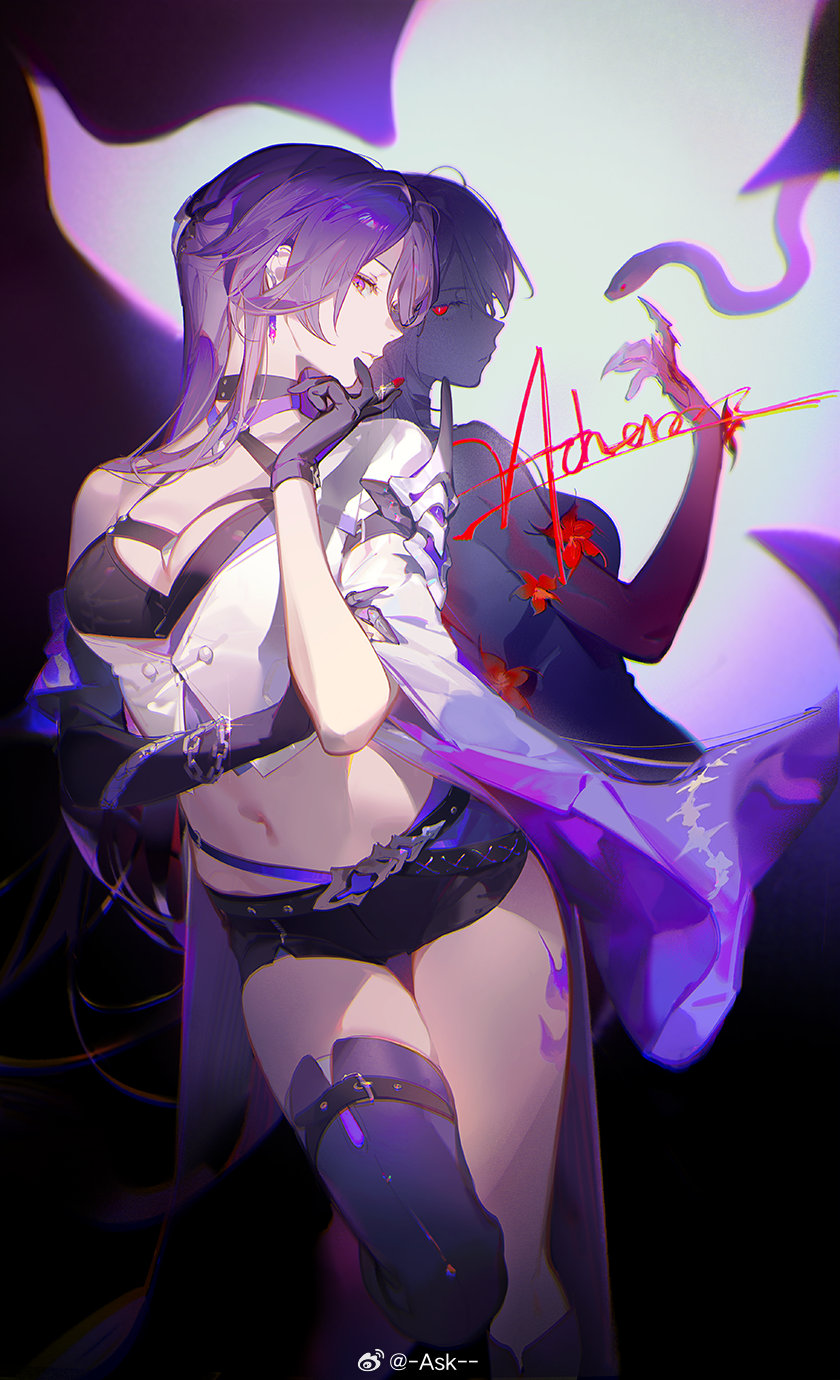 1girl acheron_(honkai:_star_rail) artist_name ask_(askzy) asymmetrical_gloves black_gloves black_shorts breasts chain character_name chromatic_aberration closed_mouth crop_top cropped_legs different_shadow earrings elbow_gloves expressionless gloves highres honkai:_star_rail honkai_(series) jewelry leg_tattoo light_particles long_hair looking_at_viewer looking_to_the_side medium_breasts midriff navel purple_eyes purple_hair purple_theme purple_thighhighs shadow short_shorts shorts sideways_glance single_thighhigh snake solo stomach tattoo thighhighs weibo_watermark wide_sleeves