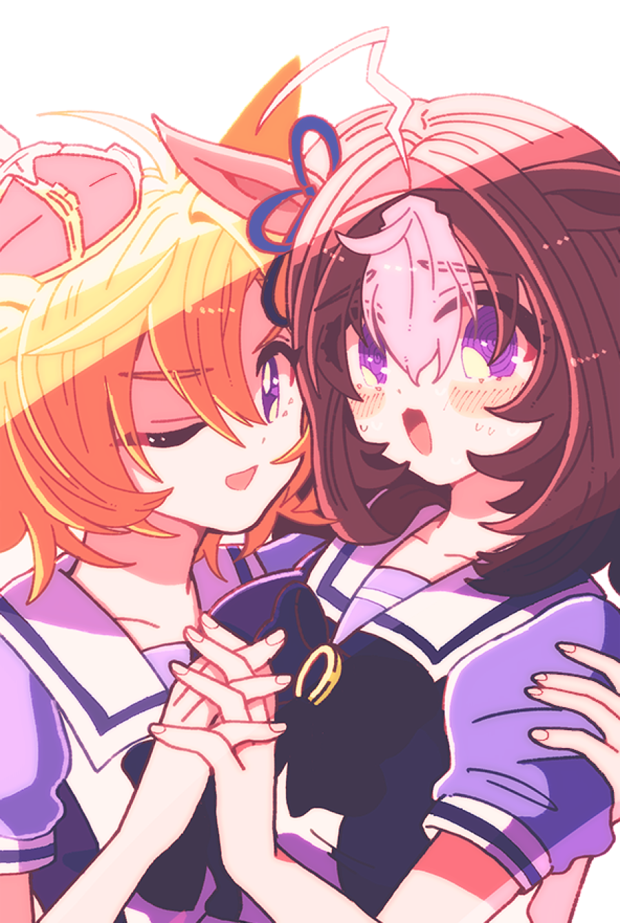 2girls :d @_@ animal_ears black_bow blush bow brown_hair collarbone commentary_request flustered furrowed_brow hand_on_another&#039;s_shoulder heads_together highres holding_hands horse_ears horse_girl horseshoe_ornament interlocked_fingers meisho_doto_(umamusume) multicolored_hair multiple_girls one_eye_closed open_mouth orange_hair puffy_short_sleeves puffy_sleeves purple_eyes purple_shirt sailor_collar school_uniform shirt short_hair short_sleeves smile summer_uniform sweat t.m._opera_o_(umamusume) tracen_school_uniform two-tone_hair umamusume v-shaped_eyebrows white_hair yoka