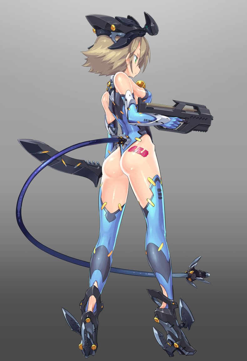 1girl ass bare_shoulders blue_eyes blue_thighhighs breasts brown_hair cable cable_tail dagger elbow_gloves female_focus from_behind full_body gloves gradient_background grey_background gun headgear knife mecha_musume mechanical_tail original reverse_grip shiny_skin short_hair small_breasts solo standing tail thighhighs tomonao weapon