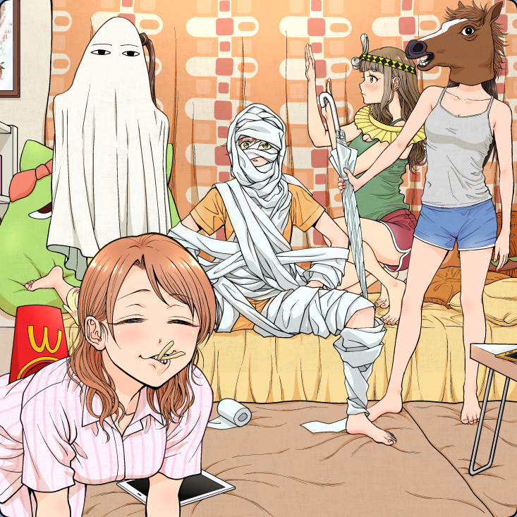 5girls barefoot bed black_hair breasts brown_hair camisole closed_eyes costume food french_fries hojo_karen honda_mio horse_mask idolmaster idolmaster_cinderella_girls indoors kamiya_nao long_hair mask medjed_(mythology) multiple_girls mummy_costume on_bed oyanaku shibuya_rin shimamura_uzuki shorts sitting small_breasts toilet_paper