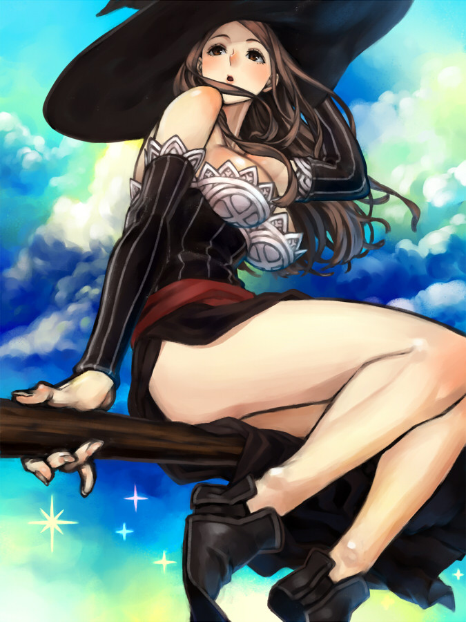 1girl bare_shoulders breasts broom broom_riding brown_eyes brown_hair cloud detached_sleeves dragon&#039;s_crown dress flying hat kahadu_(kawazu) large_breasts long_hair outdoors sky solo sorceress_(dragon&#039;s_crown) witch witch_hat