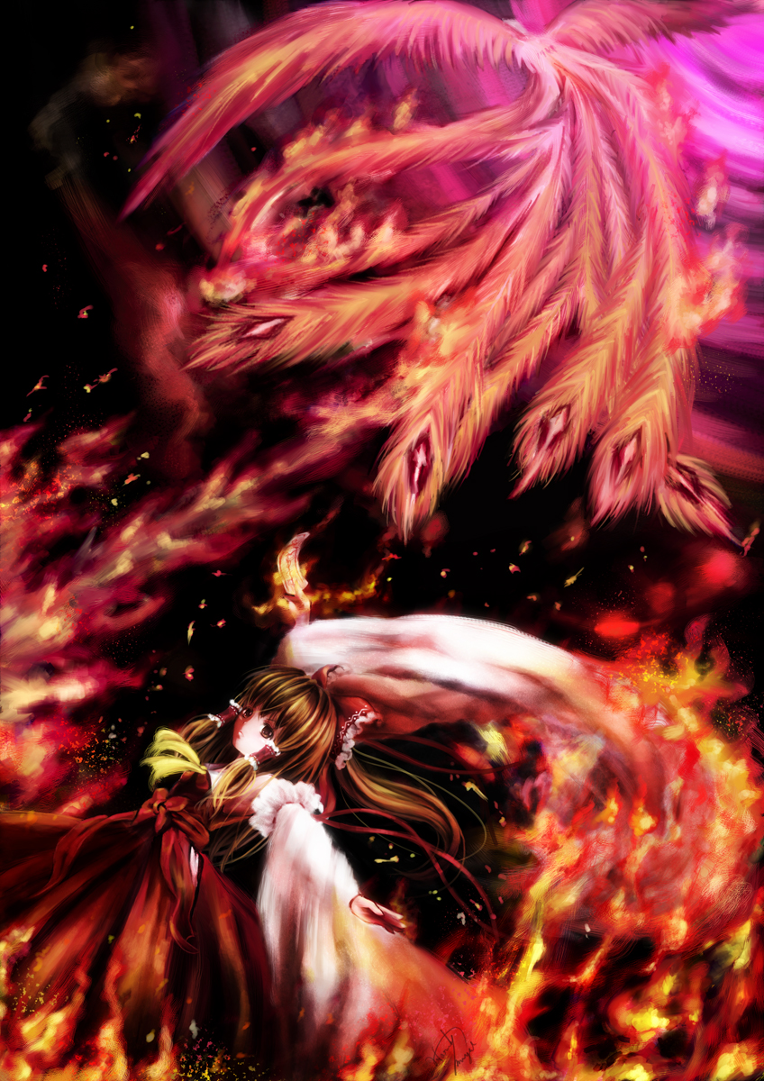 1girl bad_id bad_pixiv_id bird bow brown_hair detached_sleeves female_focus fire hair_bow hakurei_reimu highres japanese_clothes miko miyai_haruki ofuda phoenix red_eyes solo touhou