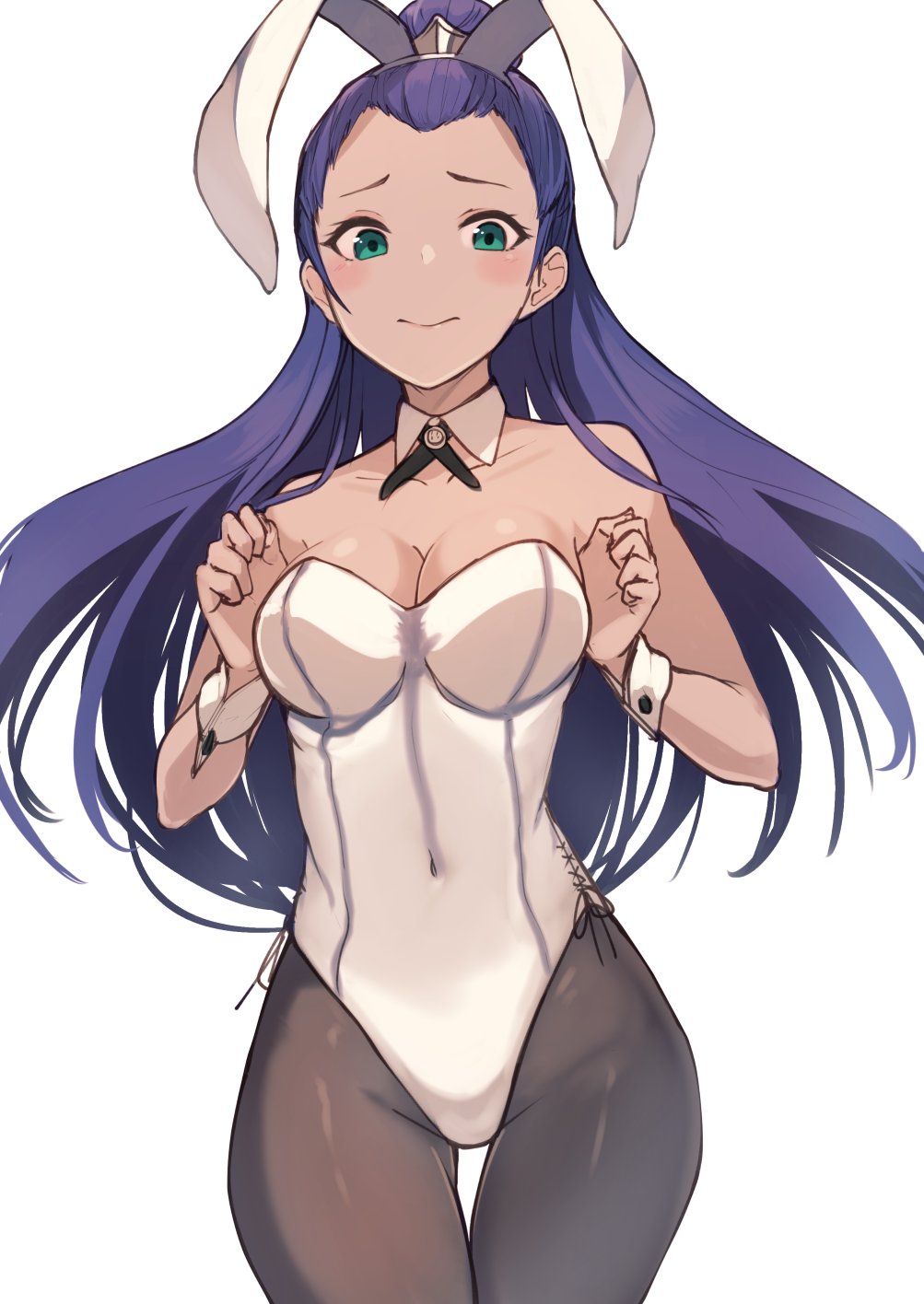 1girl animal_ears bare_arms bare_shoulders black_pantyhose blue_hair blush borrowed_character breasts cleavage closed_mouth collarbone commission covered_navel cowboy_shot cross-laced_clothes cross-laced_leotard curled_fingers dark_blue_hair detached_collar fake_animal_ears floating_hair furrowed_brow green_eyes hair_bun hair_pulled_back hands_up highres houmatu_awa leotard long_hair looking_at_viewer medium_breasts nervous original pantyhose playboy_bunny rabbit_ears single_hair_bun skeb_commission smile solo standing star_(starnight17) strapless strapless_leotard thigh_gap white_leotard white_wrist_cuffs wide_hips wrist_cuffs