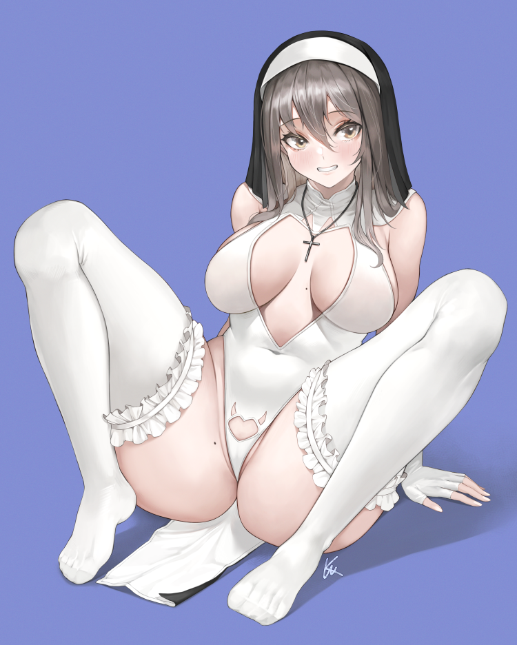 1girl ass bare_shoulders black_eyes black_hair blush breasts fingerless_gloves gloves grin hair_between_eyes jewelry large_breasts leotard long_hair mole necklace nun original purple_background simple_background sitting smile solo spread_legs thighhighs veil white_gloves white_thighhighs wookyung