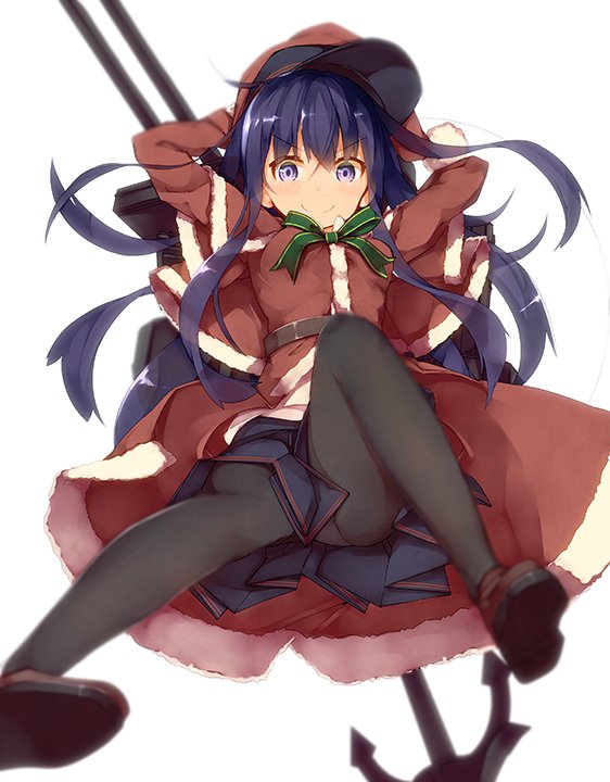 10s 1girl akatsuki_(christmas_mode)_(kancolle) akatsuki_(kancolle) akatsuki_kai_ni_(kancolle) alternate_costume anchor blue_eyes blue_hair christmas female_focus flat_cap hat kantai_collection long_hair machinery matching_hair/eyes official_art panties panties_under_pantyhose pantyhose santa_costume ship_turret smile smug solo underwear yadokari_(migihashi)