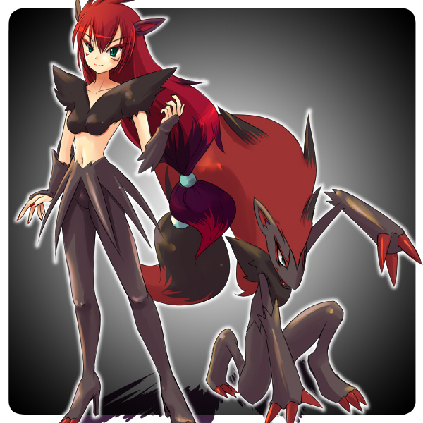 10s 1girl animal_ears black_hair boots claws costume creature_and_personification creatures_(company) fingerless_gloves game_freak gen_5_pokemon gloves green_eyes moemon multicolored_hair nintendo personification pokemon pokemon_(creature) pokemon_bw red_hair tenjou_ryuka zoroark