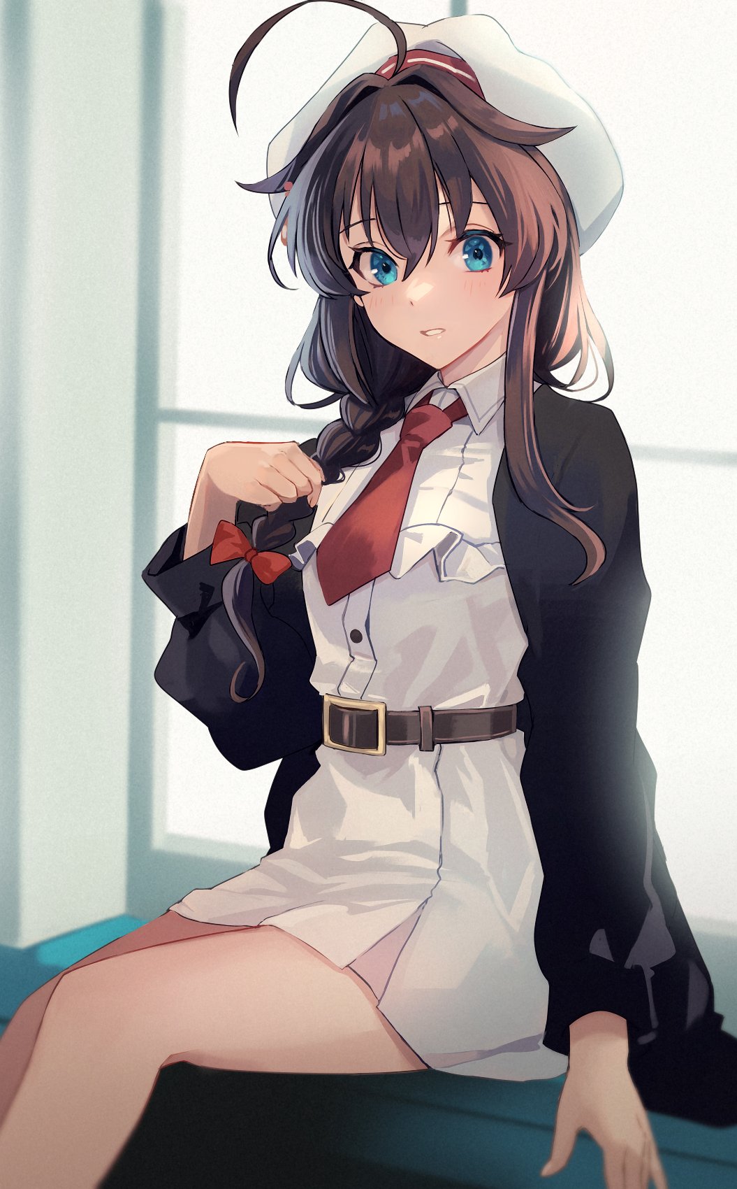 1girl ahoge belt black_belt blue_eyes blush braid brown_hair buttons collared_dress dress feet_out_of_frame hair_between_eyes hair_flaps hat highres kantai_collection kasumi_(skchkko) long_hair long_sleeves necktie red_necktie shigure_(kancolle) shigure_(sasebo_2023)_(kancolle) shigure_kai_san_(kancolle) single_braid solo white_dress white_hat