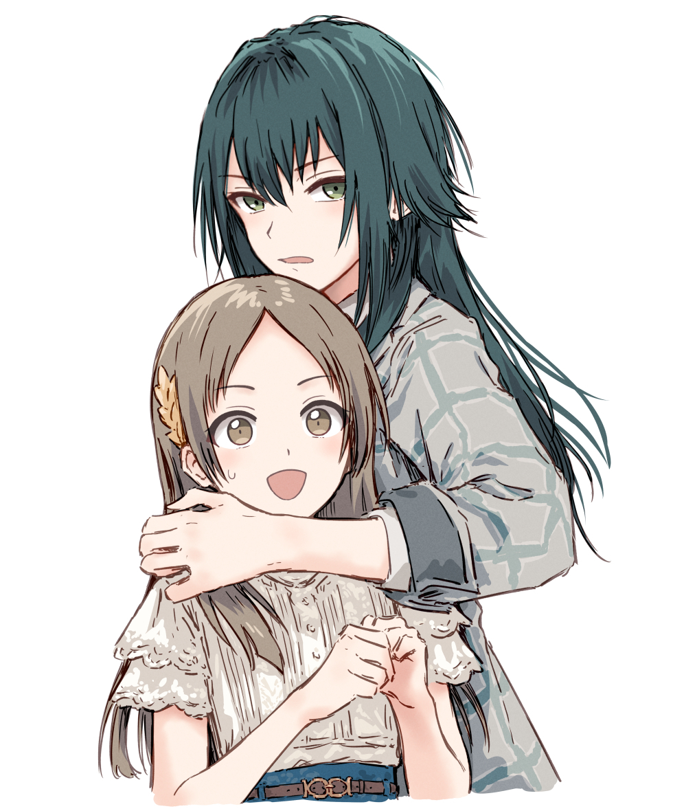 2girls :d arm_around_neck blue_skirt blush brown_eyes brown_hair bullfalk coat collared_shirt frilled_sleeves frills gakuen_idolmaster green_eyes green_hair green_shirt grey_coat hair_ornament idolmaster kuramoto_china long_hair looking_at_viewer multiple_girls open_mouth parted_bangs plaid_clothes plaid_coat shirt short_sleeves simple_background skirt sleeves_past_elbows sleeves_rolled_up smile straight_hair sweatdrop tsukimura_temari upper_body white_background white_shirt