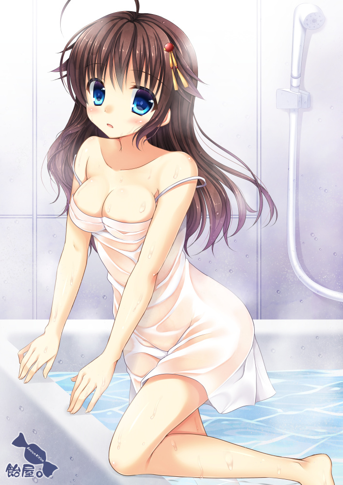 10s 1girl ahoge ameya_kirika bathtub black_hair blue_eyes breasts cleavage female_focus hair_down hair_flaps hair_ornament kantai_collection long_hair shigure_(kancolle) shigure_kai_ni_(kancolle) solo strap_slip wet wet_clothes