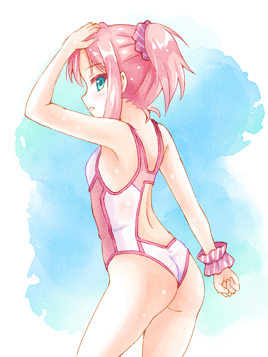 1girl arm_up ass blush breasts chiyoda_momo competition_swimsuit green_eyes hair_ornament hair_scrunchie highres looking_at_viewer looking_back ma_tsukasa machikado_mazoku one-piece_swimsuit pink_hair pink_scrunchie pink_one-piece_swimsuit ponytail scrunchie short_hair simple_background small_breasts solo standing swimsuit wedgie wrist_scrunchie