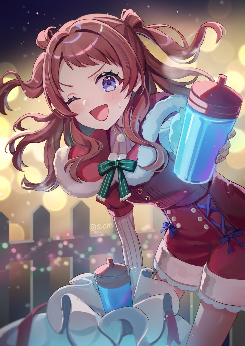 1girl 8n0_g :d blue_eyes blue_liquid blush bottle commentary_request double_bun fence gakuen_idolmaster gift green_ribbon hair_bun hanami_saki highres idolmaster long_hair looking_at_viewer one_eye_closed open_mouth red_hair ribbon ribbon-trimmed_shorts ribbon_trim santa_costume shorts smile solo sports_bottle twitter_username two_side_up