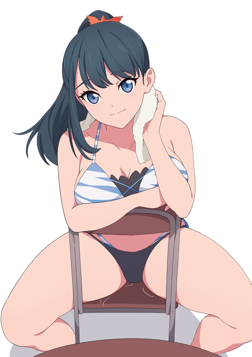 1girl animal_print backwards_chair bikini black_bikini black_hair blue_eyes breasts chair cleavage gridman_universe hair_ribbon large_breasts layered_bikini long_hair minato_asuka ponytail ribbon sitting smile solo spread_legs ssss.gridman striped_bikini striped_clothes swimsuit takarada_rikka thick_thighs thighs tiger_print tiger_print_bikini towel wet white_background wiping_face