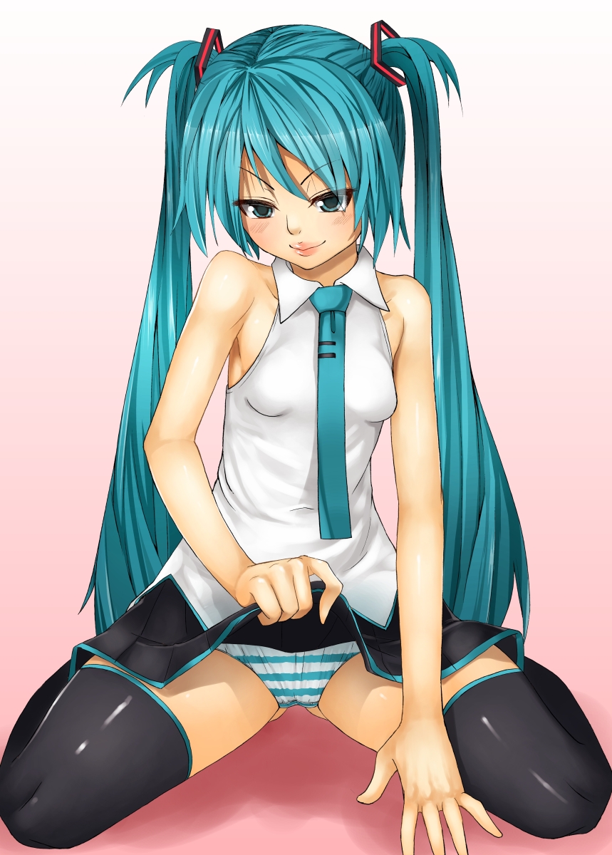 1girl aqua_eyes aqua_hair bare_shoulders clothes_lift female_focus gradient_background hatsune_miku highres long_hair looking_at_viewer miniskirt necktie nyuuhin panties pantyshot pink_background seductive_smile shirt simple_background sitting skirt skirt_lift smile solo striped_clothes striped_panties thighhighs twintails underwear vocaloid wariza white_background