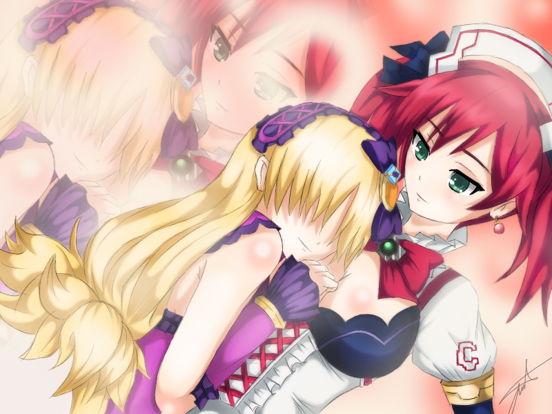 2girls blonde_hair breasts cave_(neptunia) cleavage faceless faceless_female female_focus green_eyes hair_ornament hair_over_eyes hand_on_another&#039;s_chest lady_wakku long_hair multiple_girls neptune_(series) red_hair twintails verniy_misaki yuri zoom_layer