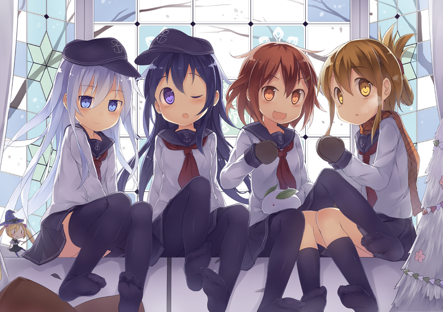 10s 4girls akatsuki_(kancolle) black_legwear blue_eyes brown_eyes brown_hair fang feet folded_ponytail fred04142 hair_up hat hibiki_(kancolle) ikazuchi_(kancolle) inazuma_(kancolle) kantai_collection long_hair long_sleeves majokko_(kancolle) mittens multiple_girls neckerchief no_shoes one_eye_closed open_mouth pantyhose purple_eyes purple_hair red_neckerchief sailor_hat scarf school_uniform serafuku silver_hair sitting smile snow_rabbit thighhighs very_long_hair zettai_ryouiki