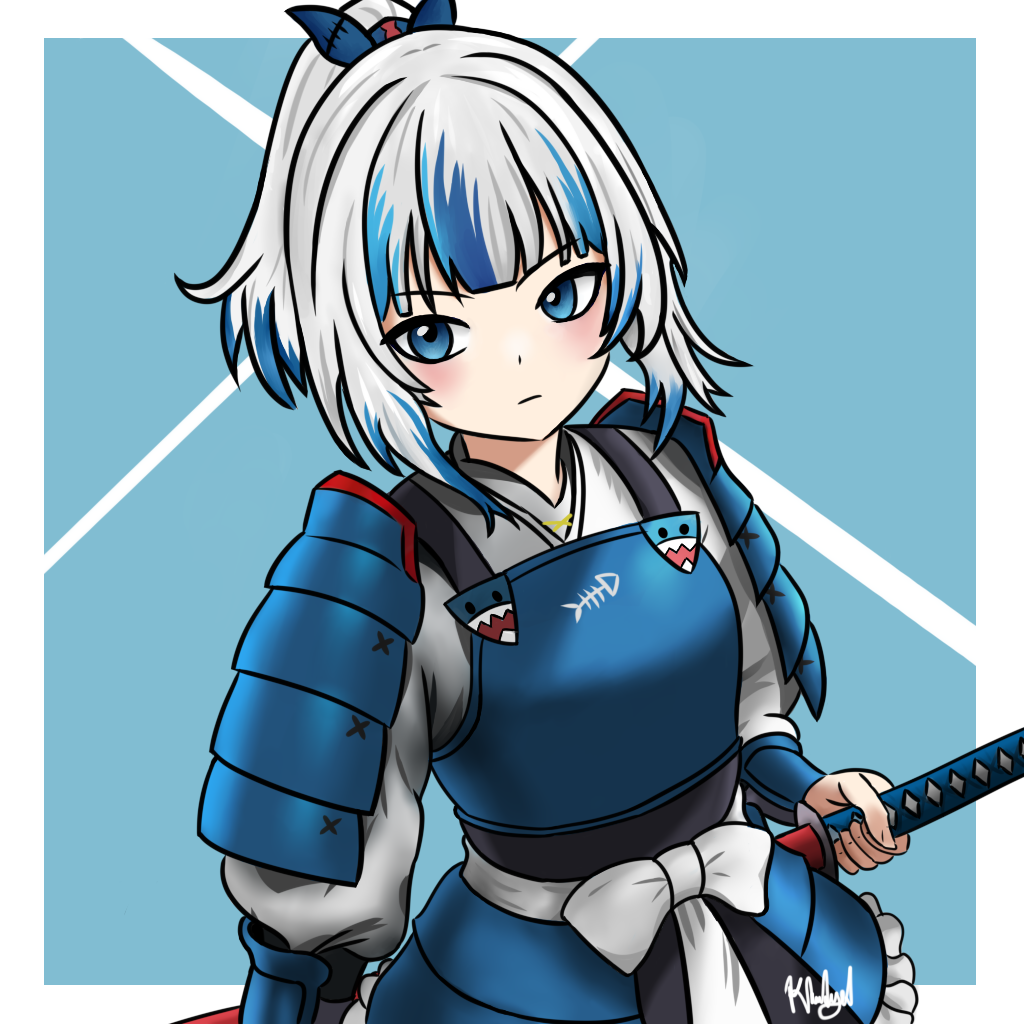 armor artist_request blue_armor blue_eyes blue_hair gawr_gura hololive hololive_english japanese_armor katana multicolored_hair samurai serious shark_girl shirt sword virtual_youtuber weapon white_hair white_shirt