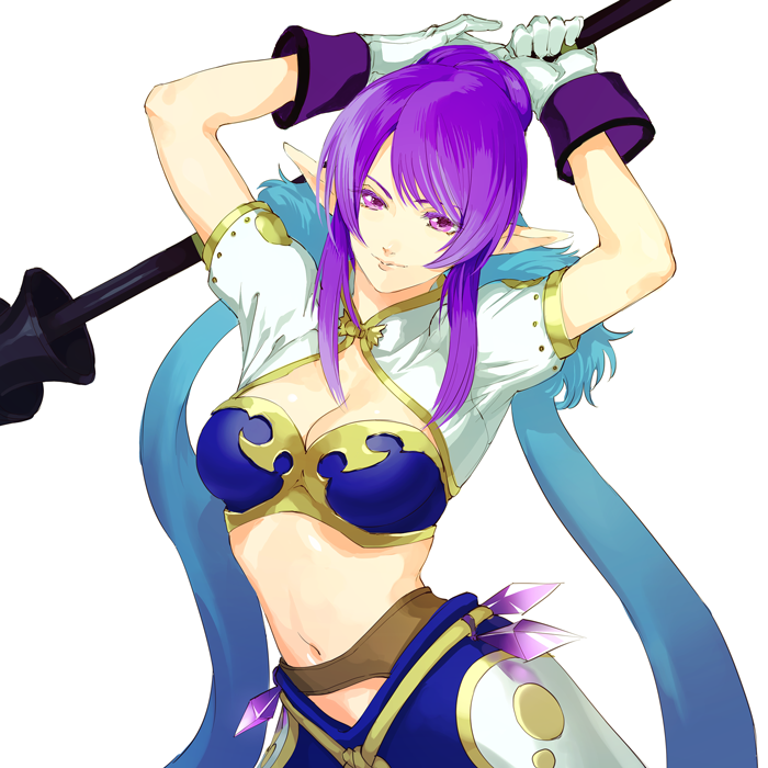 1girl arms_up blue_hair breasts cleavage contrapposto gloves judith_(tales) long_hair medium_breasts midriff multicolored_hair navel pointy_ears polearm purple_eyes purple_hair solo standing tales_of_(series) tales_of_vesperia two-tone_hair upper_body weapon white_gloves zakki