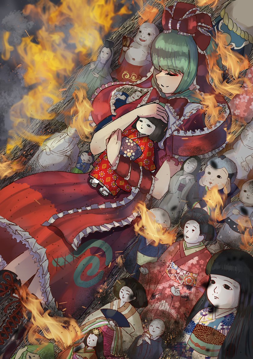 1girl bow doll dress fire green_hair holding holding_doll idomizu_oishi kagiyama_hina lying red_bow red_dress red_ribbon ribbon smile solo touhou