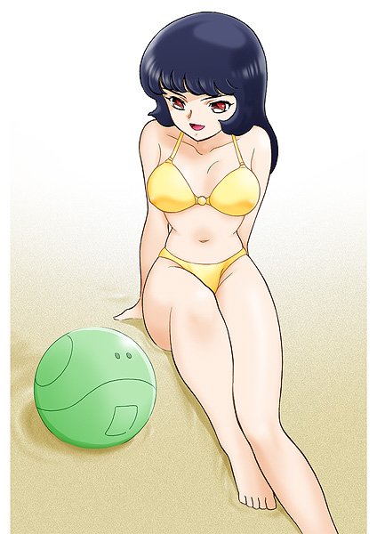 1girl bikini black_hair fa_yuiry gundam haro robot shijou_yukimasa swimsuit yellow_bikini zeta_gundam