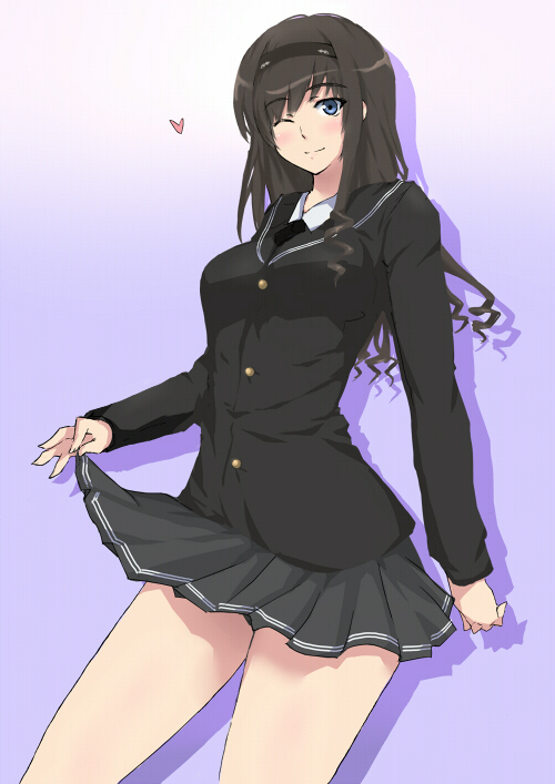 1girl amagami black_hair blue_eyes breasts clothes_lift female_focus gradient_background hairband long_hair minato_satoi morishima_haruka one_eye_closed school_uniform skirt skirt_lift solo wink