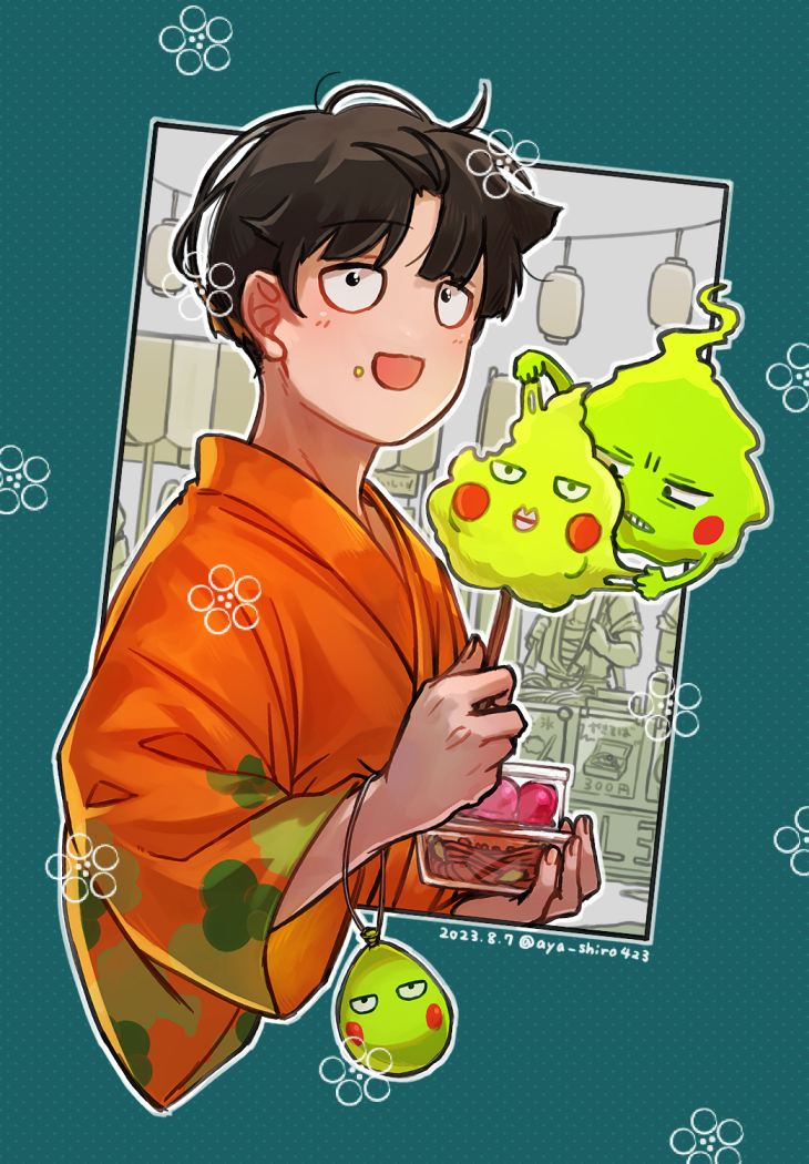 1other 2boys aya_shiro423 black_eyes black_hair blush border dated eating ekubo_(mob_psycho_100) festival food food_on_face food_stand holding holding_food japanese_clothes kageyama_shigeo kimono lantern male_focus mob_psycho_100 multiple_boys orange_kimono parted_bangs wagashi water_yoyo