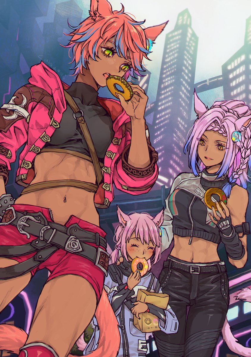 3girls ^_^ abs animal_ears bag belt black_gloves black_jacket black_pants black_shirt braid building cat_ears cat_girl cat_tail child city closed_eyes covered_collarbone crop_top cropped_jacket doughnut eating eutrope_(ff14) final_fantasy final_fantasy_xiv fingerless_gloves food from_below gloves green_eyes highres holding holding_doughnut holding_food jacket looking_at_another miqo&#039;te multicolored_hair multiple_braids multiple_girls navel neyuni_(ff14) open_clothes open_jacket open_mouth outdoors pants paper_bag pink_hair pink_jacket red_shorts reitomo shirt short_hair short_shorts shorts shoulder_belt siblings side_braid sisters slit_pupils smile standing streaked_hair tail toned toned_female yaana_(ff14) yellow_eyes