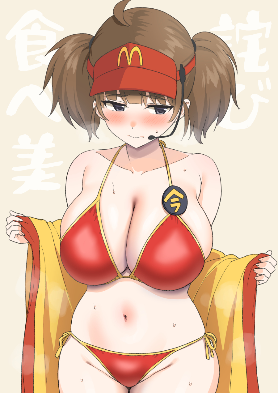 1girl ahoge alternate_breast_size badge bare_shoulders bikini black_shorts blush breasts brown_hair cleavage collarbone curvy employee_uniform grey_eyes hat headset highres imadake_dabuchi_tabemi large_breasts mcdonald&#039;s medium_hair navel off_shoulder red_bikini red_hat short_twintails shorts solo sweat swimsuit translation_request twintails visor_cap yue_(show-ei)