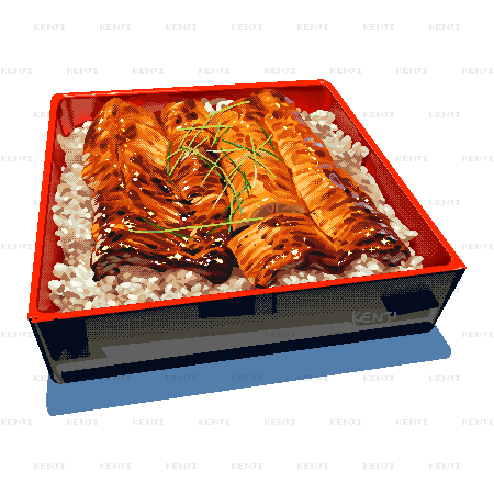 artist_name fish_(food) food food_focus grilled_eel lowres no_humans original pixel_art rice simple_background suzuhara_kenji white_background